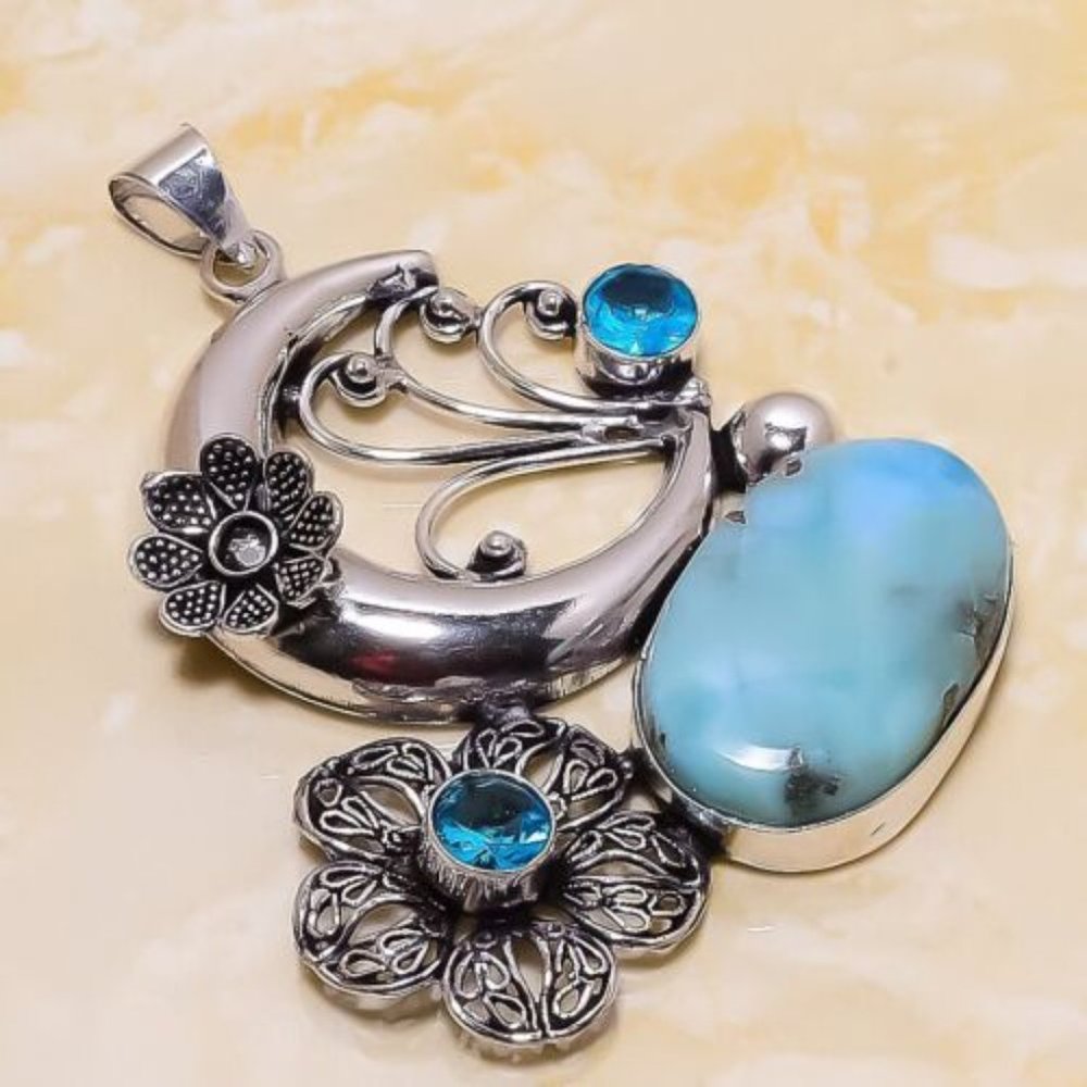 Moon -Flower Republic Larimar, Blue Topaz Gemstone 925 Stamped Necklace - Picture 3 of 3